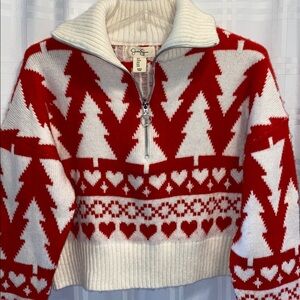 Jessica Simpson Red and White Christmas Trees and Hearts Cropped Soft Sweater S